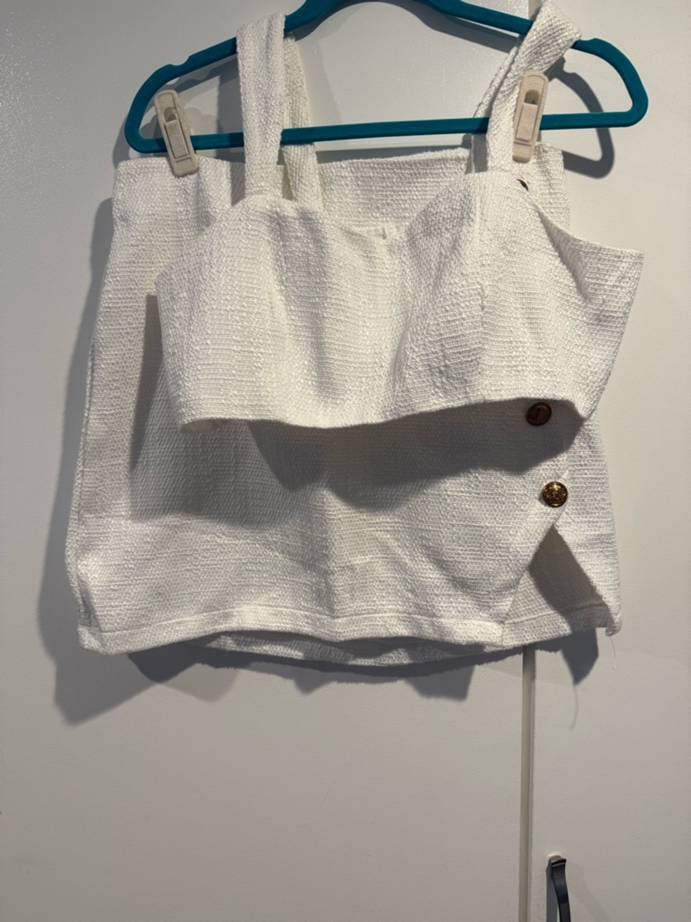 White Textured Button Detail Crop Top and skirt set